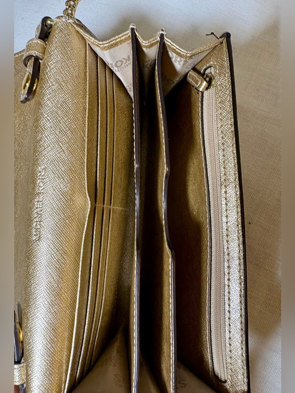 Michael Kors Jet Set Item Large Phone Crossbody Wallet Clutch Gold Brown MK Logo - Picture 13 of 15